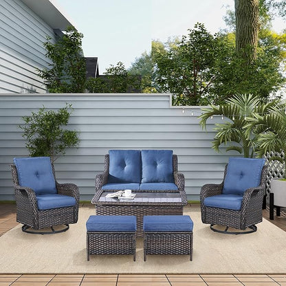 Belord Wicker Outdoor Furniture Patio Furniture Set - 6 Piece Patio Conversation Set with Swivel Rocker Chairs, Loveseat Sofa, Ottomans and Coffee Table, Blue Cushion