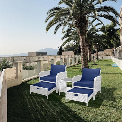 LEVELEVE Balcony Furniture 5 Piece Patio Conversation Set, PE Wicker Rattan Outdoor Lounge Chairs with Soft Cushions 2 Ottoman&Glass Table for Porch