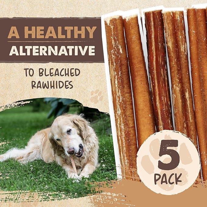Mighty Paw Naturals Bully Sticks for Dogs - Grass Fed Beef Chews. Dog Bully Sticks for Large Pets, Medium and Small Breeds. Lower Odor Treats for Small Pets. Single Ingredient (12" - 5 Pack)