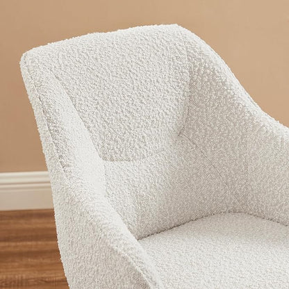 Art Leon Desk Chair No Wheels, Mid Century Modern Office Chair, Swivel Accent Chair with Oak Wood Legs, Boucle Fabric Upholstered Arm Chair, White
