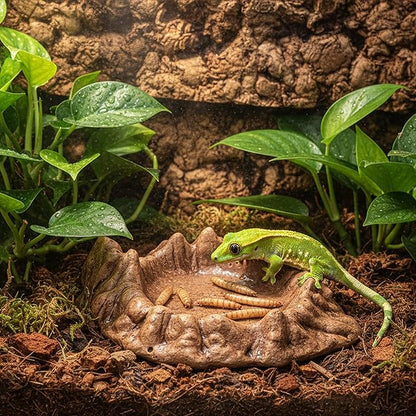 Reptile Water and Food Bowl with Feeding Tweezers Volcanic Rock Style Cement Feeding Dish for Bearded Dragon Leopard Gecko Lizard and Snake Non-Tip Terrarium Decor Landscape Accessory (Brown)