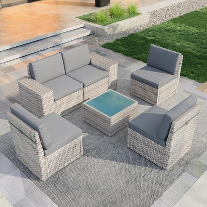 PCSXDSW 6-Piece Outdoor Patio Furniture Set, Rattan Wicker Conversation Set with Wide Armrests, Outdoor Modular Sectional Couch Seating Group Sofa for Deck Garden Porch (Gray Cushions)