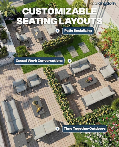 Patio Kingdom Patio Furniture Set with Washable Thick Gray Cushions, HDPE Outdoor Couch, All-Weather Outdoor Sectional Furniture, Patio Conversation Sets for Lawn, Garden, Porch (Grey Frame)