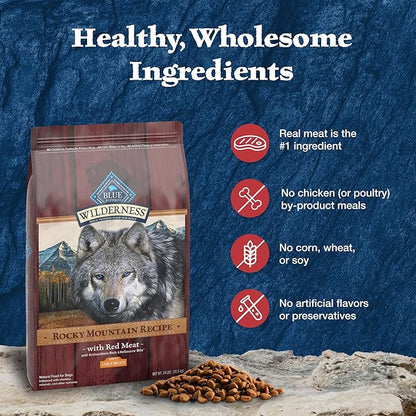 Blue Buffalo Wilderness Rocky Mountain Recipe High-Protein Large Breed Adult Dry Dog Food, Made in the USA with Natural Ingredients Plus Wholesome Grains, Red Meat, 24-lb. Bag
