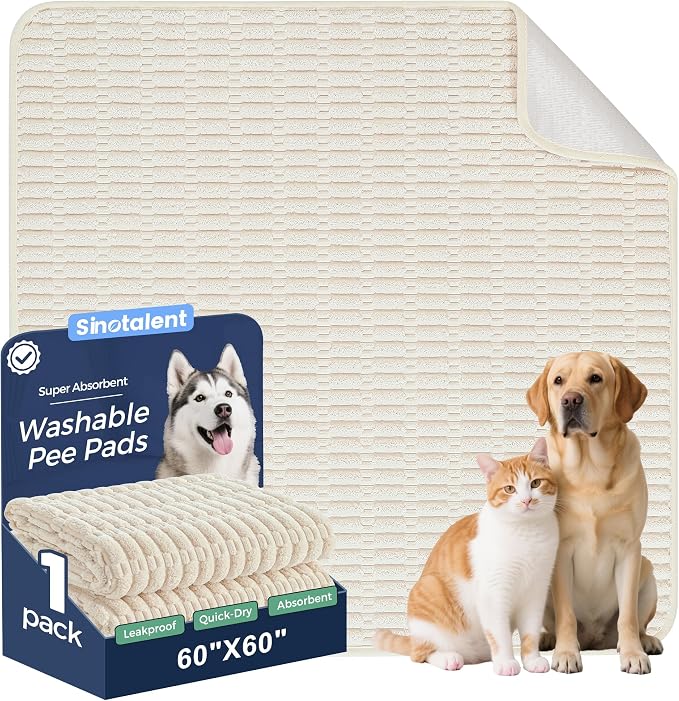 Washable Pee Pads for Dogs Puppy Pad, Cream White 60”x60” 1 Pack | High Absorbent Dog Pee Pad Leak Proof Cat Rugs, Reusable Non Slip Pet Mat, Wee Wee Pads for Training, Crate and Floor