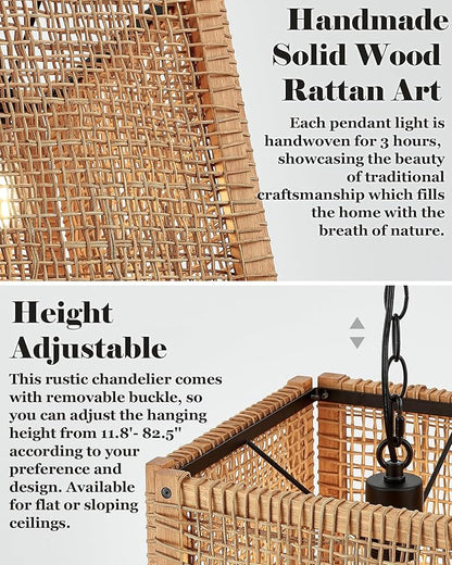 ELYONA 1-Light Rattan Pendant Light, 12" Square Solid Wood Frame Woven Pendant Light Fixtures Boho Adjustable Hanging Chandelier for Dining Room, Kitchen Island, Living Room, Bedroom, Bar, Hallway