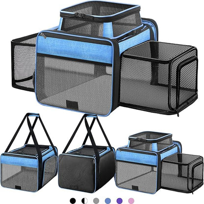 Top and 2 Sides Expandable Cat Carrier 18x11x11, TSA Airline Approved Dog Carriers for Small Dogs, Soft-Sided Pet Carrier with Self-Locking Zippers for Kitten,Rabbit, Puppy, Blue