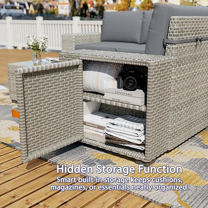 Broivira 6 Piece Patio Furniture Set, 9.8" Wide Arm Sectional Sofa with Storage Armrests, All-Weather Rattan Outdoor Conversation Set for Garden, Porch, Lawn, Backyard, Balcony, Grey