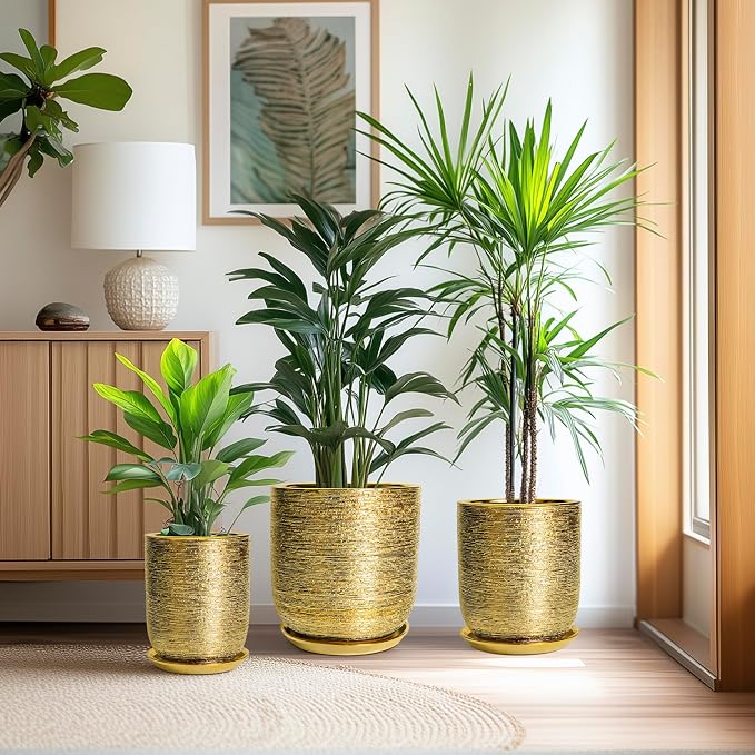 Indoor Plant Pot 8 Inch - Ceramic Planter for Indoor Outdoor Flowers, Round Modern Flower Pot with Drainage Hole and Saucer, Gifts for Plants Lovers, Garden Room Decor, Gold