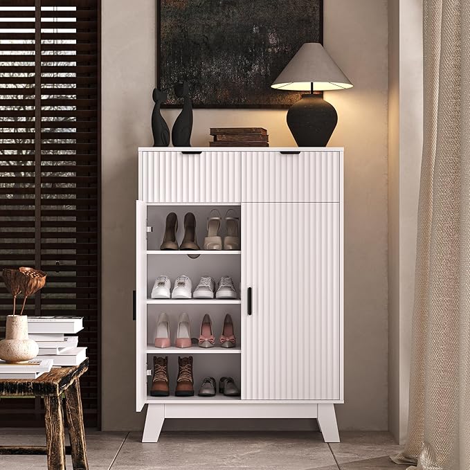 Fluted Shoe Cabinet, 4-Tier Mid Century Modern Narrow Shoe Storage Cabinet