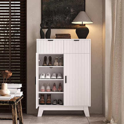 Fluted Shoe Cabinet, 4-Tier Mid Century Modern Narrow Shoe Storage Cabinet