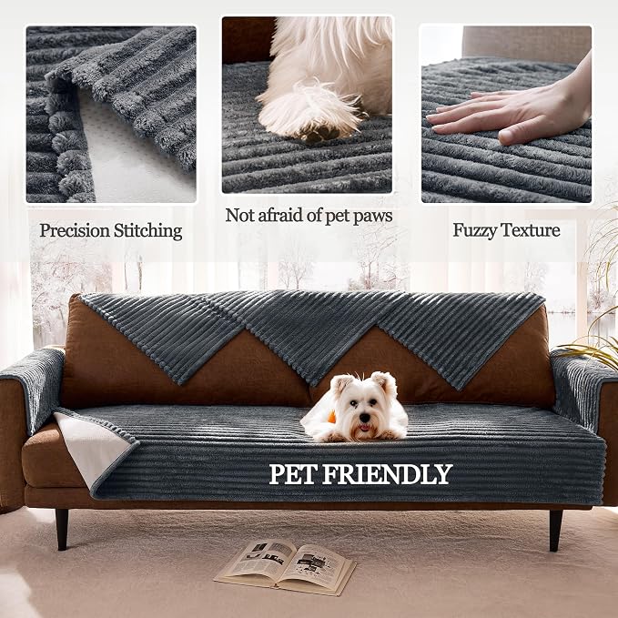 Waterproof Dual Non-Slip Couch Cover for Dogs, Fuzzy Soft Pet Couch Covers for 2 Cushion Sofa loveseat, Pet Friendly Soft Dog Bed Covers Sofa Cover Washable (Titanium Gray, 33" x 62" 1 Pack)