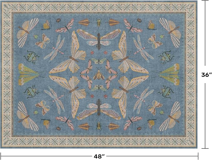 Washable Blue Rugs for Bedroom Bedside - 3x4 Area Rug for Large Kitchen, Entrance Indoor, Boho Insect Print Bug Décor, Non Slip Low Pile Fade Resistant
