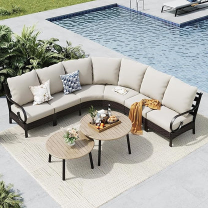 MFSTUDIO Patio Furniture Set, 6 Seats Half-Moon Curved Outdoor Sectional Sofa Conversation Set with 2 Wood-Like Round Table, Woven Rattan Patio Couch for Backyard, Garden, Deck