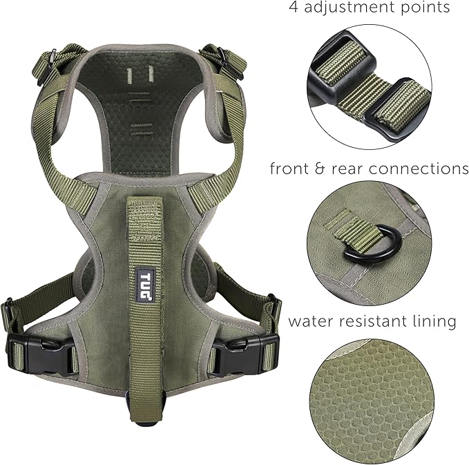 TUG Grab Dog Harness with Built-in Magnetic Traffic Leash (Medium/Green) | Padded Magnetic Traffic Handle | Dual Leash Clips | 4-Point Adjustable Fit | Durable Nylon