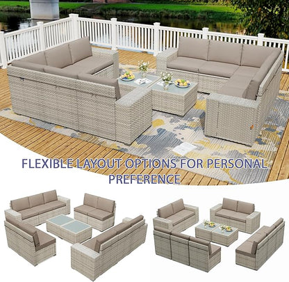 Broivira 12 Piece Patio Furniture Set, 9.8" Wide Arm Sectional Sofa with Storage Armrests, All-Weather Rattan Outdoor Conversation Set for Garden, Porch, Lawn, Backyard, Balcony, Khaki