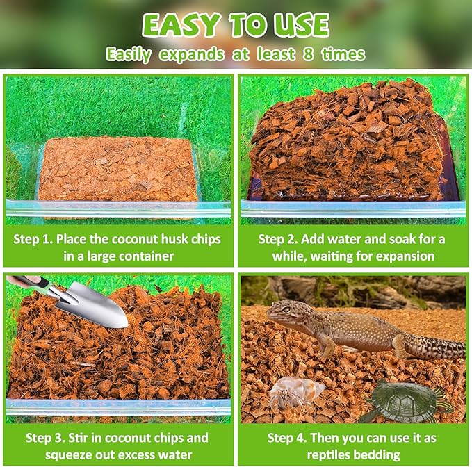 Legigo 4 Pack Coconut Chip Substrate for Reptiles, Natural Coco Husk Chip Reptiles Bedding, Compressed Coconut Chip Substrate for Snake, Tortoise, Ball Python, Gecko, Lizard Terrarium Tanks