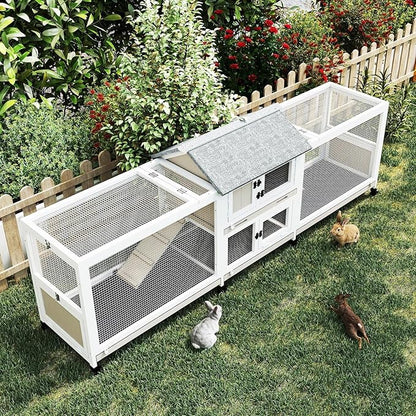 Gowoodhut 2-Story 93.1"L Rabbit Hutch Indoor and Outdoor with 8 Wheels,Wooden Rabbit Cage with 4 Pull Out Leak-Proof Trays for 2-4 Rabbits,Bunny Hutch with Asphalt Roof Bunny Cage with 7 Accesses,Grey