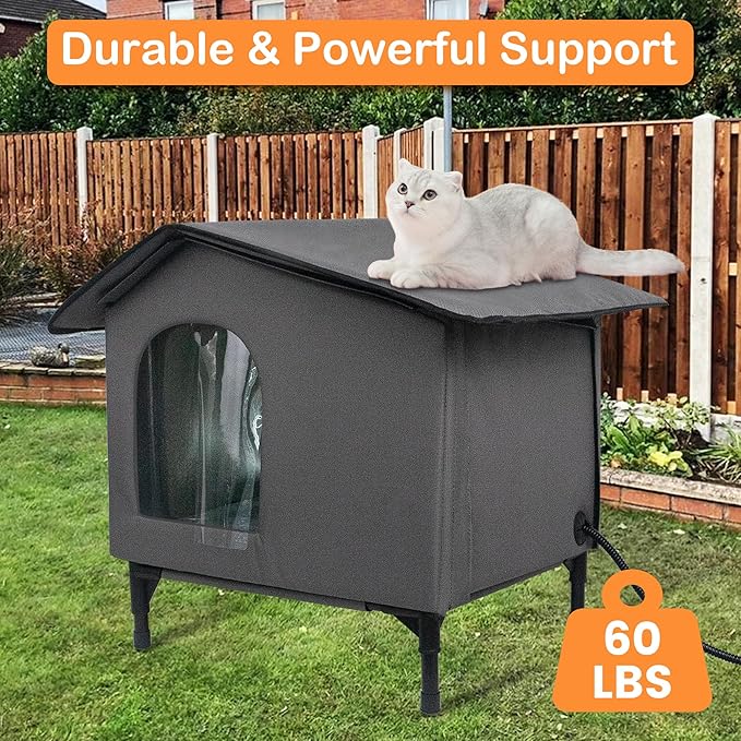 Heated Cat House for Outside/Indoor Cats in Winter,Elevated Outdoor Cat House with Heating Pad Bed,Weatherproof Feral Cats Shelter with Soft Mat (Heat Gray)