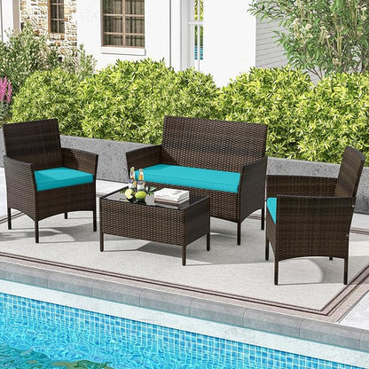 HAPPYGRILL 4 Pieces Outdoor Rattan Conversation Set, Patio Wicker Furniture Set with Loveseat Chairs & Tempered Glass Coffee Table, Outside Sectional Sofa Set for Backyard, Garden, Poolside