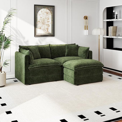Aoowow Modular Sectional Sofa Modern Convertible Loveseat Couch,77.16 Inch Deep 2-Seater Sofas Comfy Chenille Cloud Sofas and Couches Set with Movable Ottoman for Living Room Apartment（Green）