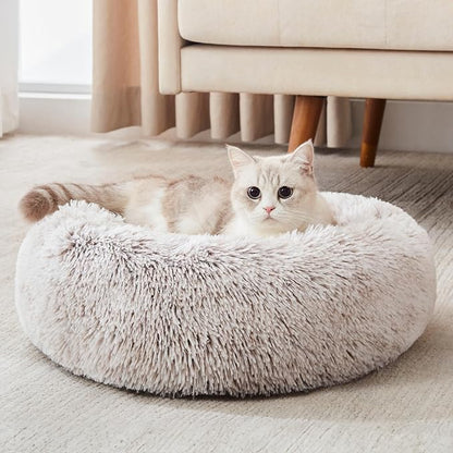 Western Home Calming Donut Cat Bed Small Dog Bed Washable,20" White Khaki | Fluffy Faux Fur Round Cuddler,Anti-Anxiety,Anti-Slip Bottom,Self-Warming Pet Bed for Small Dog&Kitten&Puppy,Up to 12 LBS