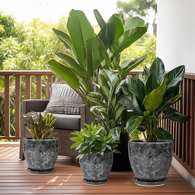Ceraimc Planter - 8 Inch Plant Pot for Indoor Outdoor Plants, Decorative Round Planters, Flower Pot with Drainage and Saucer, Garden Porch House Room Decor, Plant Lover Gifts, Grey
