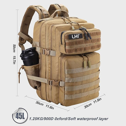 LHI Military Tactical Backpack for Men and Women 45L Army 3 Days Assault Pack Bag Large Rucksack with Shoe Compartment