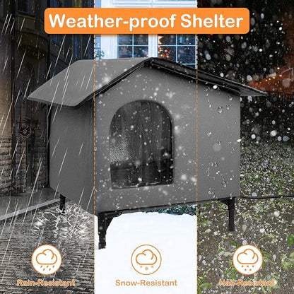 Heated Cat House for Outside/Indoor Cats in Winter,Elevated Outdoor Cat House with Heating Pad Bed,Weatherproof Feral Cats Shelter with Soft Mat (Heat Gray)