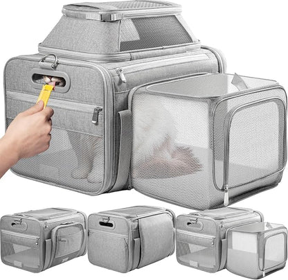Top-Side Expandable Pet Carrier, Treat Window,18x11x11 Airline Approved | for Delta American United,Soft-Sided Cat Carrier, Anti-Scratch Mesh,Lockable Zippers,Dog Carrier for Kitten,Rabbit,Puppy,Grey