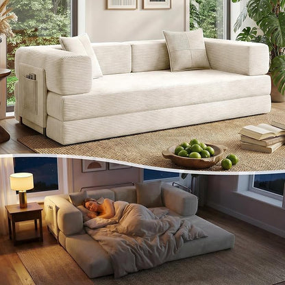 Fancyfire 78.8" Convertible Sofa Bed with Armrest Pillow,4-in-1 Sleeper Couch Bed for Livingroom,Modular Corduroy Boneless couches,No Assembly (Beige)