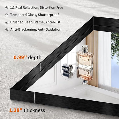 CIRCUMI Black Bathroom Mirror, Brushed Finish, Tempered Glass, Large Mirror