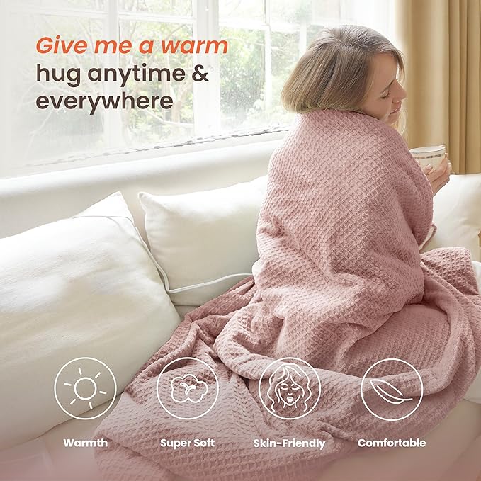 Heated Blanket Electric Throw Waffle, 50x60 Inches Sherpa Fleece Fast Heating