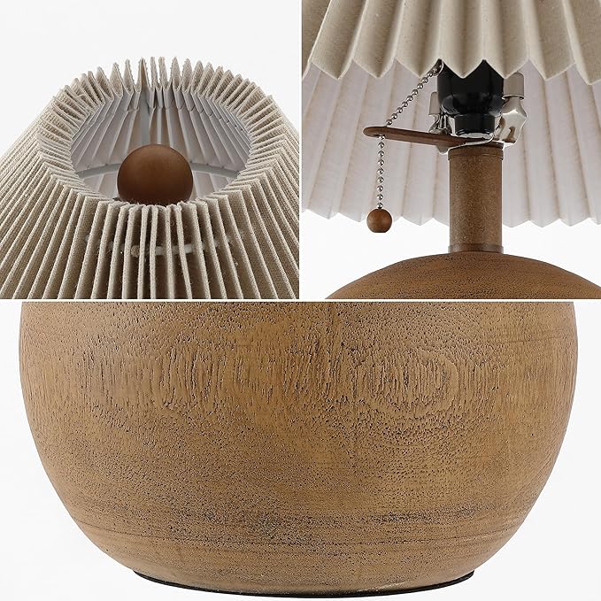 JONATHAN Y JYL1145A Aksel 17.25" Coastal Scandinavian Resin/Iron Sphere LED Table Lamp with Pleated Shade and Pull Chain, Brown Wood Finish/Beige, for Entry Console, Bedroom, Living Room
