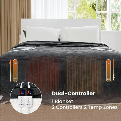 Heated Blanket Electric Blanket Queen Waffle, 84x90 Inches Dual Controllers