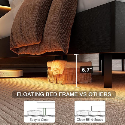 Floating Bed Frame King Size with Led Headboard and Charging Station, Metal Platform Bed Base with Storage, Remote Control, Heavy Slats Support, No Box Spring Needed, Noise Free, Black