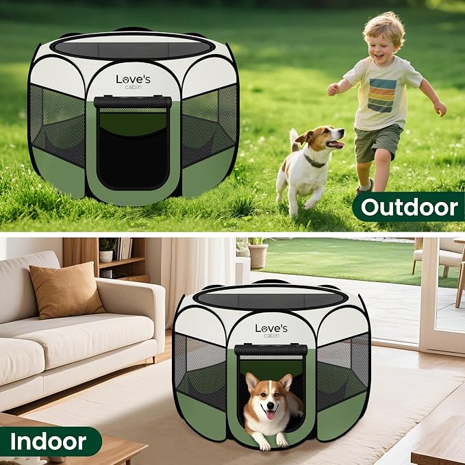 Love's cabin Pet Puppy Dog Playpen, Small Dog Tent Crates Cage Indoor/Outdoor, Portable Playpen for Cat, Foldable Pop Up Dog Kennel Playpen with Carring Case, Removable Zipper Top, Olive Green