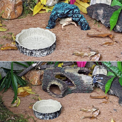 (2 Pack) Reptile Feeding Dish Bowl,Reptile Tree Trunk Food/Water Dish for Reptiles,Amphibians,Bearded Dragon,Lizard,Gecko,Tortoise,Hermit Crab and Little Critters,Made from Premium Resin(Small Size)