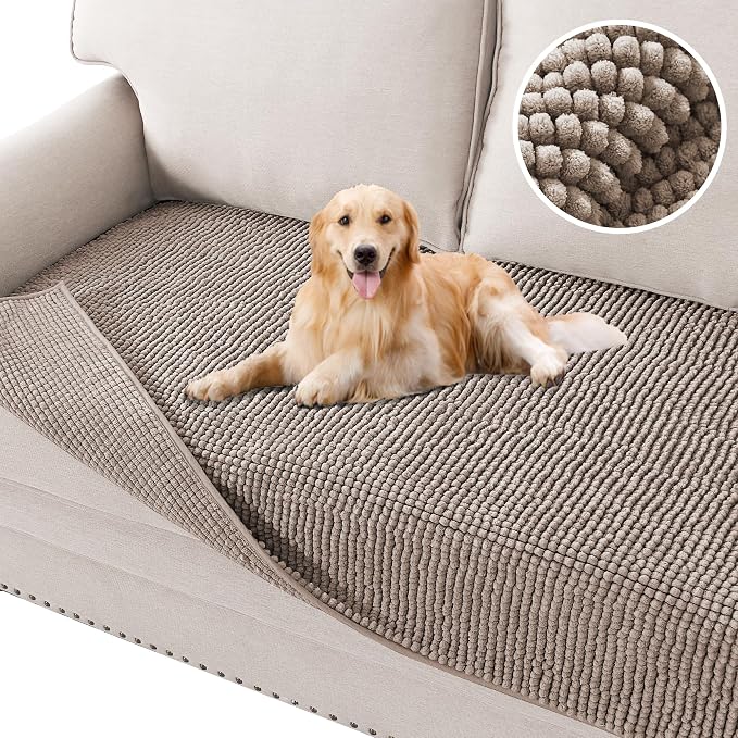 H.VERSAILTEX Plush Chenille Dog Bed Cover Thick Soft Loveseat Cover for 2 Cushion Couch Anti Slip Couch Cover Furniture Protector for Dog, Pet, Cat (35" x 62", Cuban Sand)