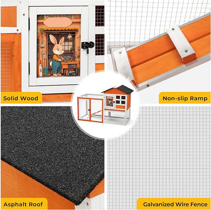 48" L Rabbit Hutch Outdoor Indoor, Expandable 2-Story Large Wooden Bunny Cage with Run, Removale Tray, Top-Opening Waterproof Roof, 2 Doors, DIY Drawing Board, Orange + Colorful Pattern