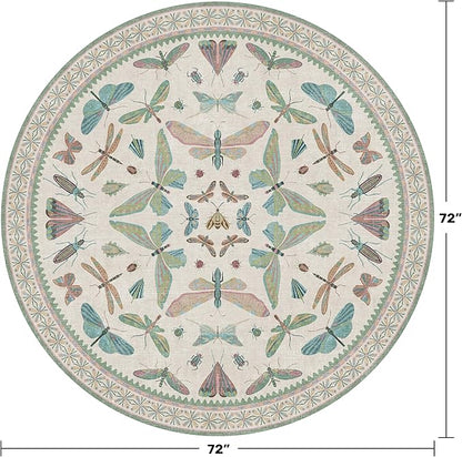 Green and Blue Insect 6ft Round Soft Rugs for Bedroom Beside Bed - Non Skid Rug Low Pile Washable Living Room Rugs, Forest Butterfly Design Stain Resistant Home Décor