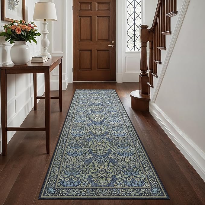 GENIMO Floral Washable Runner Rug 2’6”x10’, Non-Slip Long Hallway Carpet for Entryway, Kitchen, Indoor Floor Use, Vintage Boho Soft Thin Rug Décor, Dark Blue