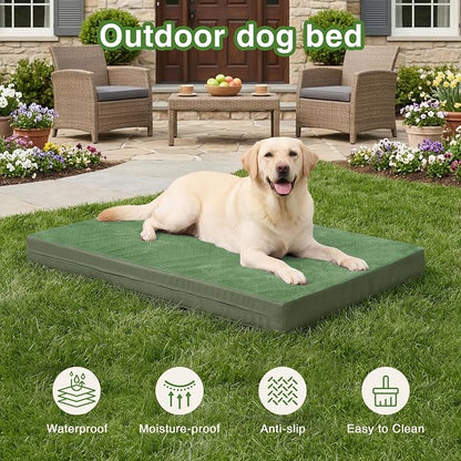 XXL Dog Bed Waterproof Washable Outdoor, Large Foam Crate Pad 48" Green | Jumbo Pet Bed, Reversible Wipeable Faux Leather & Soft Flannel, Durable Removable Cover, Anti-Slip Kennel Pad 47"x29"