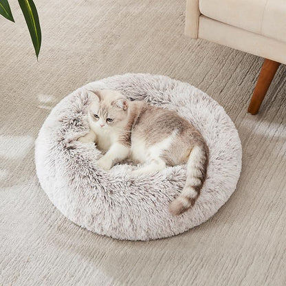 Western Home Calming Donut Cat Bed Small Dog Bed Washable,20" White Khaki | Fluffy Faux Fur Round Cuddler,Anti-Anxiety,Anti-Slip Bottom,Self-Warming Pet Bed for Small Dog&Kitten&Puppy,Up to 12 LBS