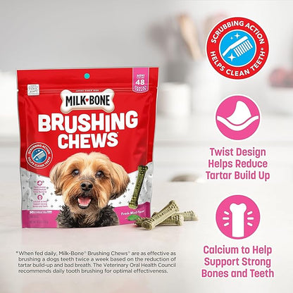 Milk-Bone Fresh Breath Brushing Chews, 48 Mini Daily Dental Dog Treats Scrubbing Action Helps Clean Teeth
