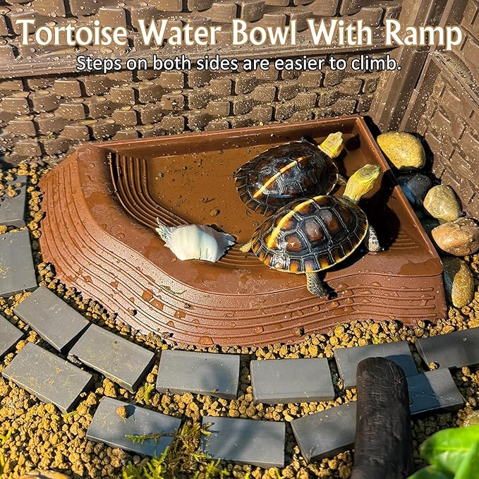 Reptile Bathing Pool 2-in-1 Tortoise Water Dish with Ramp Turtle Feeding Bowl with Steps Plastic Reptile Food & Water Dishes 7 Pcs Gecko Habitat Decoration Accessories Lizard Bath Tub
