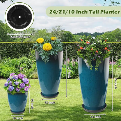 24-21-11 Inch Tall Planters Set of 3, Indoor Outdoor Blue Glossy Round Planter with Drainage Hole and Saucer, Large Decorative Plant Pots for Home Garden Porch (Blue)