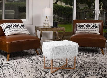 BIRDROCK HOME Rectangular White Faux Fur Foot Stool Ottoman with Gold Legs - Vanity Chair - Soft Compact Padded Seat - Bedroom and Kids Room Chair - Metal - Fluffy Makeup Seat