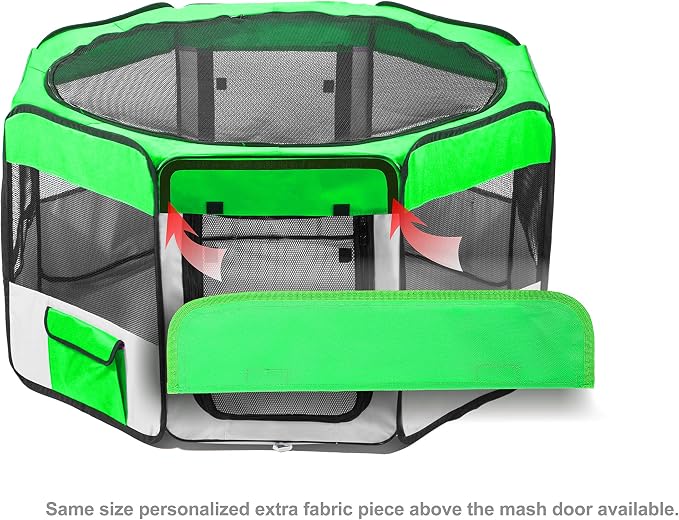 Pawer 36”×18.5” 8-Panel Foldable Pet Playpen, Bright Green+Grey, Personalize Embroidery Fabric Piece Available, for Cat/Dog/Puppy, 600D Oxford Cloth Portable Indoor & Outdoor Kennel with Carry Bag