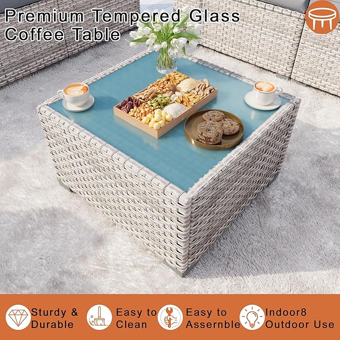 PCSXDSW 13-Piece Outdoor Patio Furniture Set, Rattan Wicker Conversation Set with Wide Armrests, Outdoor Modular Sectional Couch Seating Group Sofa with Fire Pit for Deck Garden Porch (Gray Cushions)